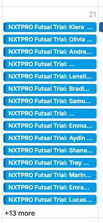 Screenshot showing 28 players booked into the futsal trial session