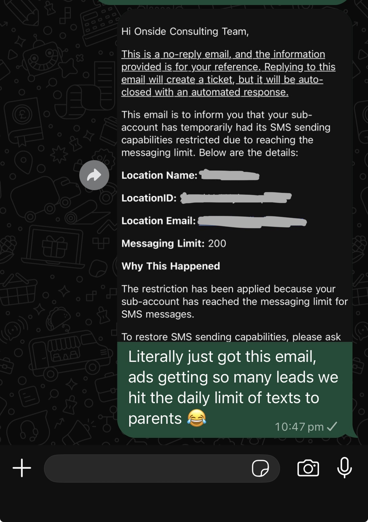 Had to increase SMS limit past 200 because too many leads
