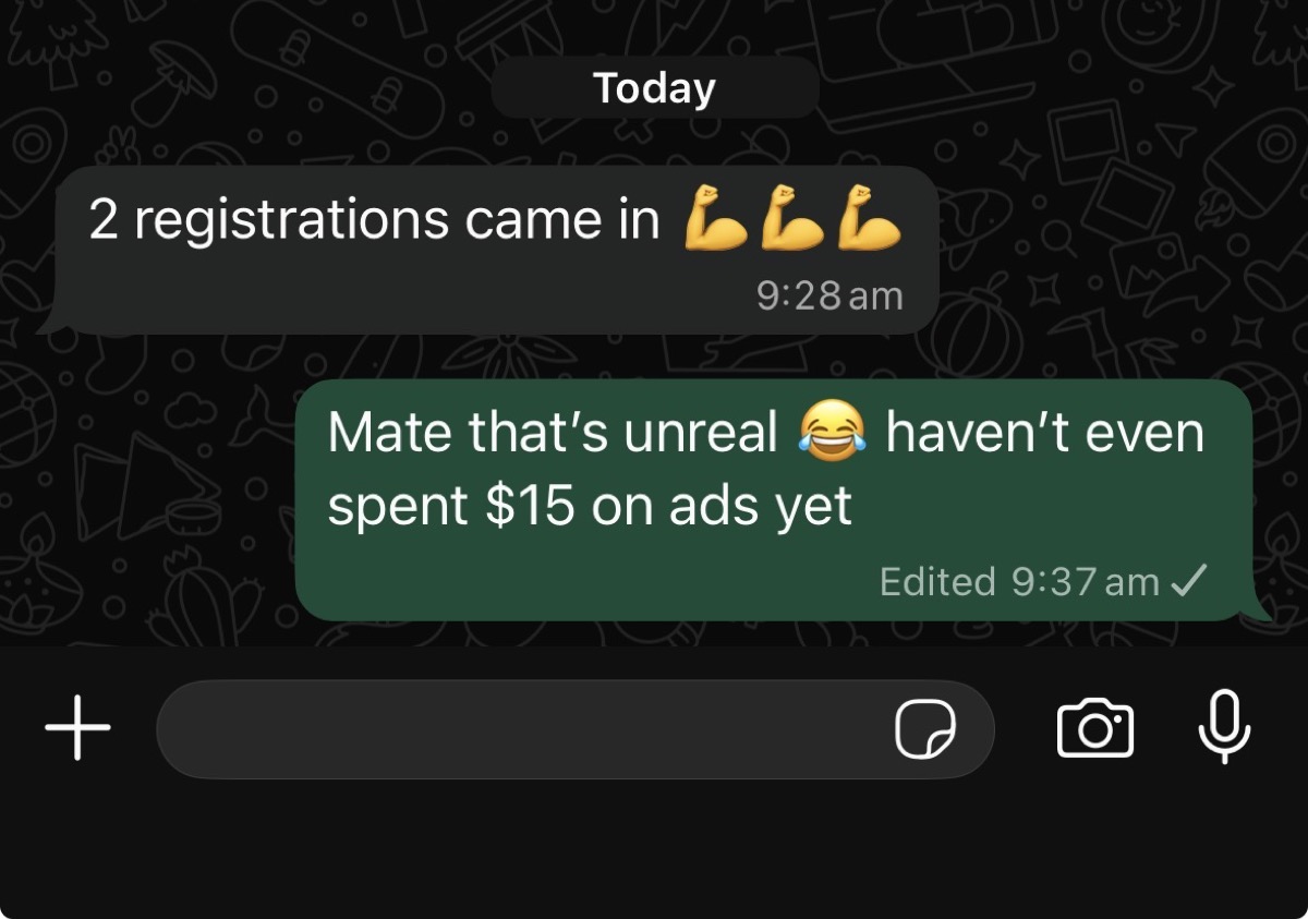 Screenshot showing two paid registrations from $15 of ad spend