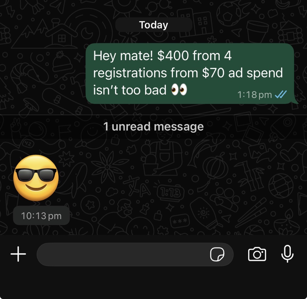 Screenshot of registration payments totalling $400 from $70 of ad spend