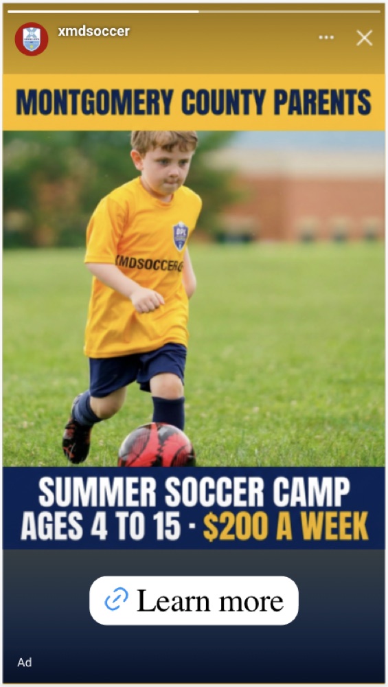 Fun-first camp ad: sunny, kid kicking a ball, $200 a week
