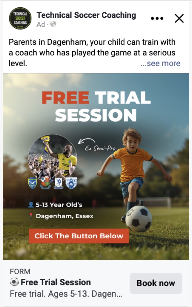 Free trial session ad with 'Ex Semi-Pro' credibility line